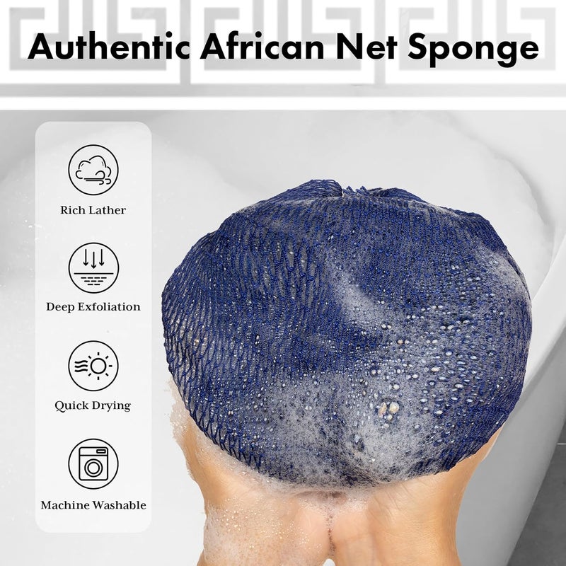 Bathway African Net Sponge Authentic with Handles (Set of 2), African Exfoliating Net Sponge, Exfoliating Body Scrubber Bath Sponge - Bathing Accessories with Storage Bag (Blue & Black) - Image 2